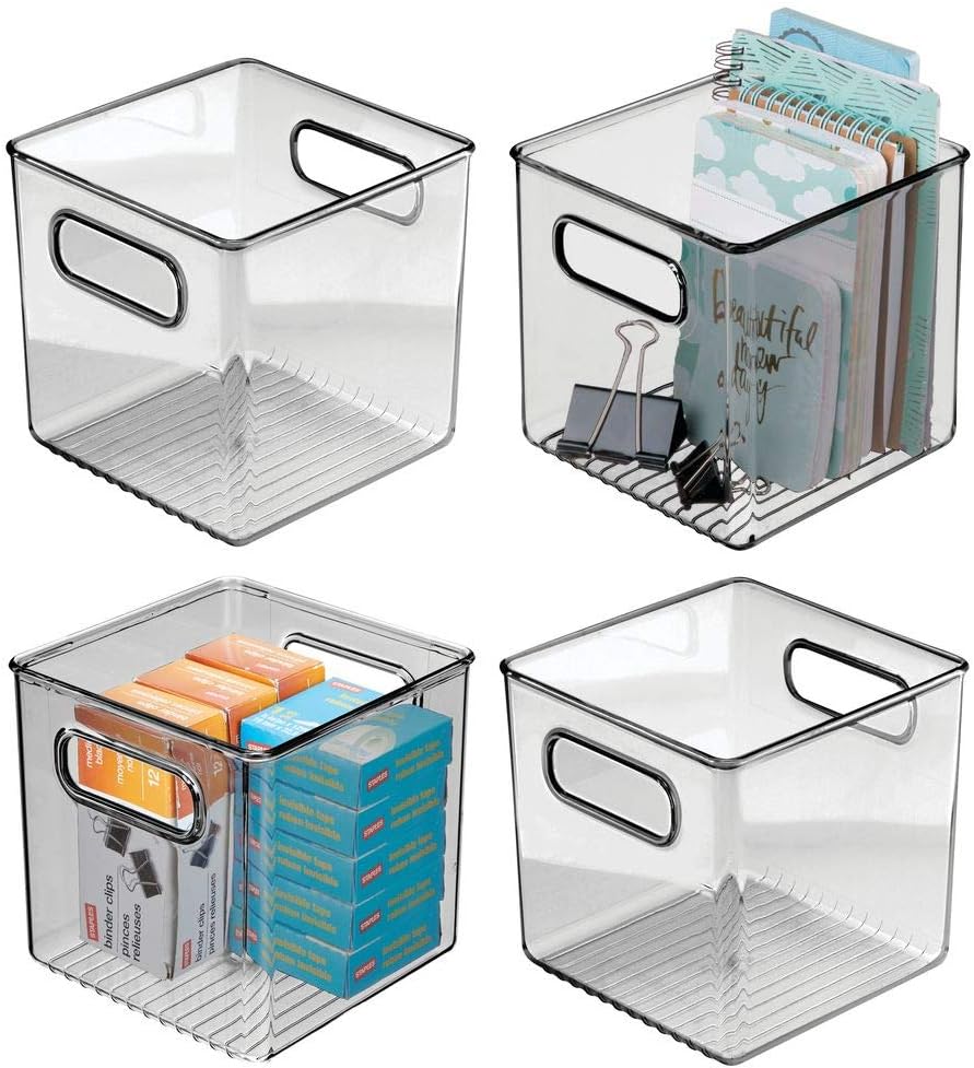 mDesign Plastic Home Office Storage Organizer Container with Handles - for Cabinets, Drawers, Desks, Workspace - Holds Pens, Pencils, Highlighters, Notebooks - 6" Cube, 4 Pack - Smoke Gray