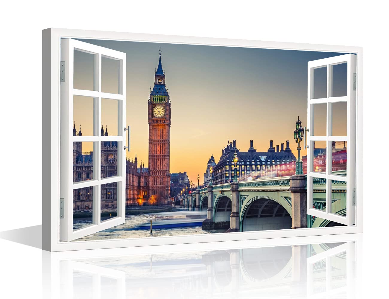 Window View Canvas Wall Art London England Big Ben Natural Scenery Photography Canvas Print Art for Living Room Office Bedroom Dining Room Wall Decor Stretched and Framed Ready to Hang - 24"W x 16"H โ image 1