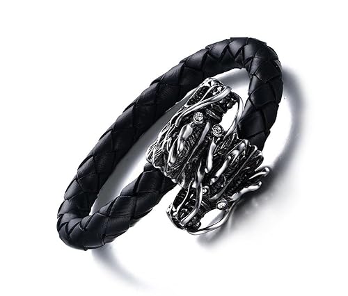 Vnox Herren Edelstahl Echt Leder Drachen Kopf Viking Armreif Armband Punk Gothic Schmuck