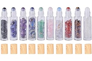 Joyeee 10 Pack 10ml Gemstones Essential Oil Roller Bottles with Crystal Stone Roller Balls, Clear Glass Roll On Travel Bottle