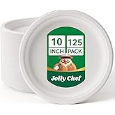 JOLLY CHEF Compostable Heavy Duty Plates 𝟭𝟬 𝗜𝗻𝗰𝗵 [𝟭𝟮𝟱 𝗣𝗮𝗰𝗸] Eco-Friendly Disposable White Paper Plates Made of Bagasse Biodegradable for Party Dinner Sugarcane Fibers Thanksgiving Day