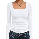 Trendy Queen Womens Long Sleeve Shirts Crop Tops Fall Fashion Solid Square Neck Going Out Basics Tees Y2k Clothes