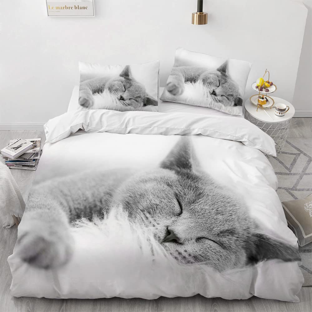 AOXHFNV Cute Cat Duvet Cover 3D Cat Motif 3-Piece Bedding Set Suitable for Children Bedding Set 135 x 200 cm with 2 Pillowcases (135 x 200 cm, Grey)