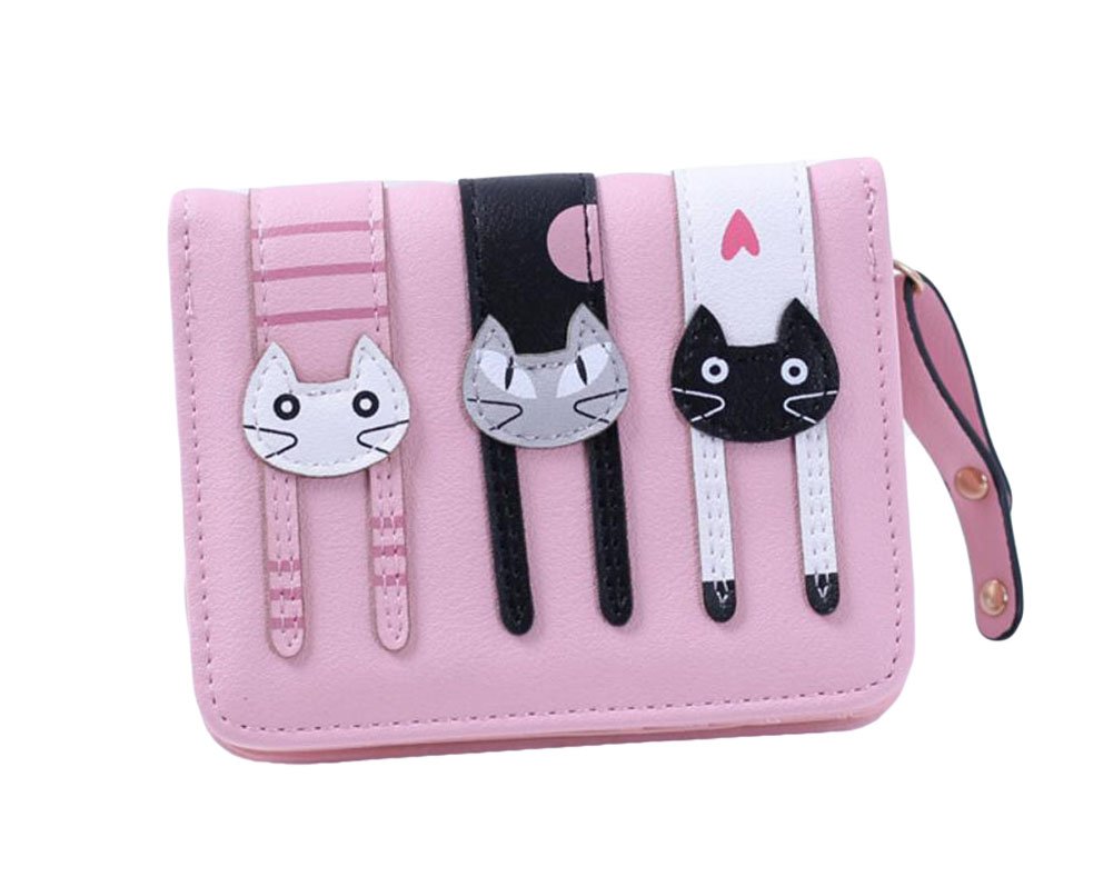 Diyafas Short Zipper Fashion Purse Women's Two Fold Leather Wallet Cartoon Cat Coin Case