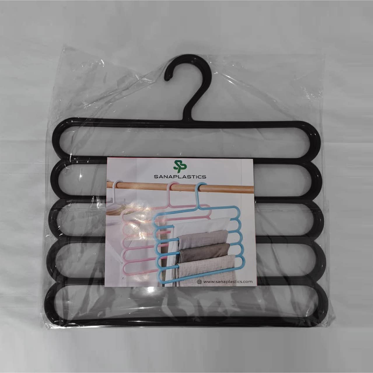 Durable Sana Plastics Multilayer, Multipurpose, 5 Layer Clothes Hanger, Closet Organizer for Pants, Jeans, Trouser, Tie, Skirt, Scarf, Abaya, Towel, Shawl (Black)