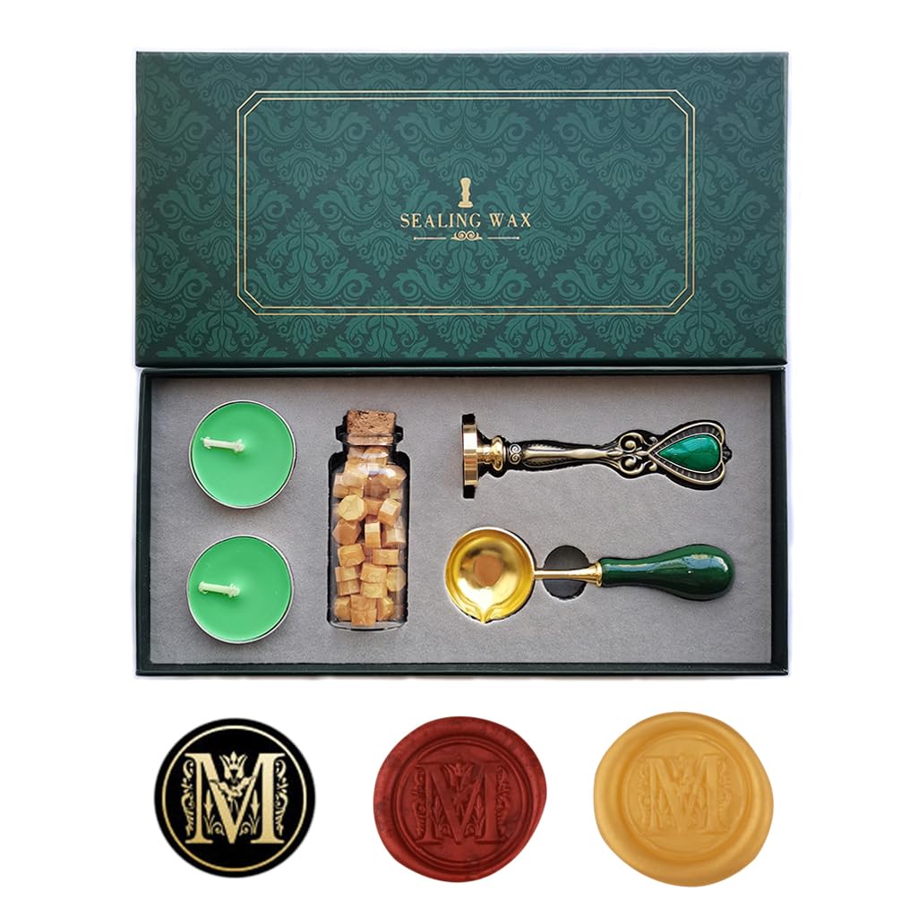 Fancy Letters M Wax Seal Stamp Set, AMTOL European style Wax Seal Stamp Kit Gift Box Set, Vintage Personalized Sealing Stamp for Letter Cards Invitations(M)