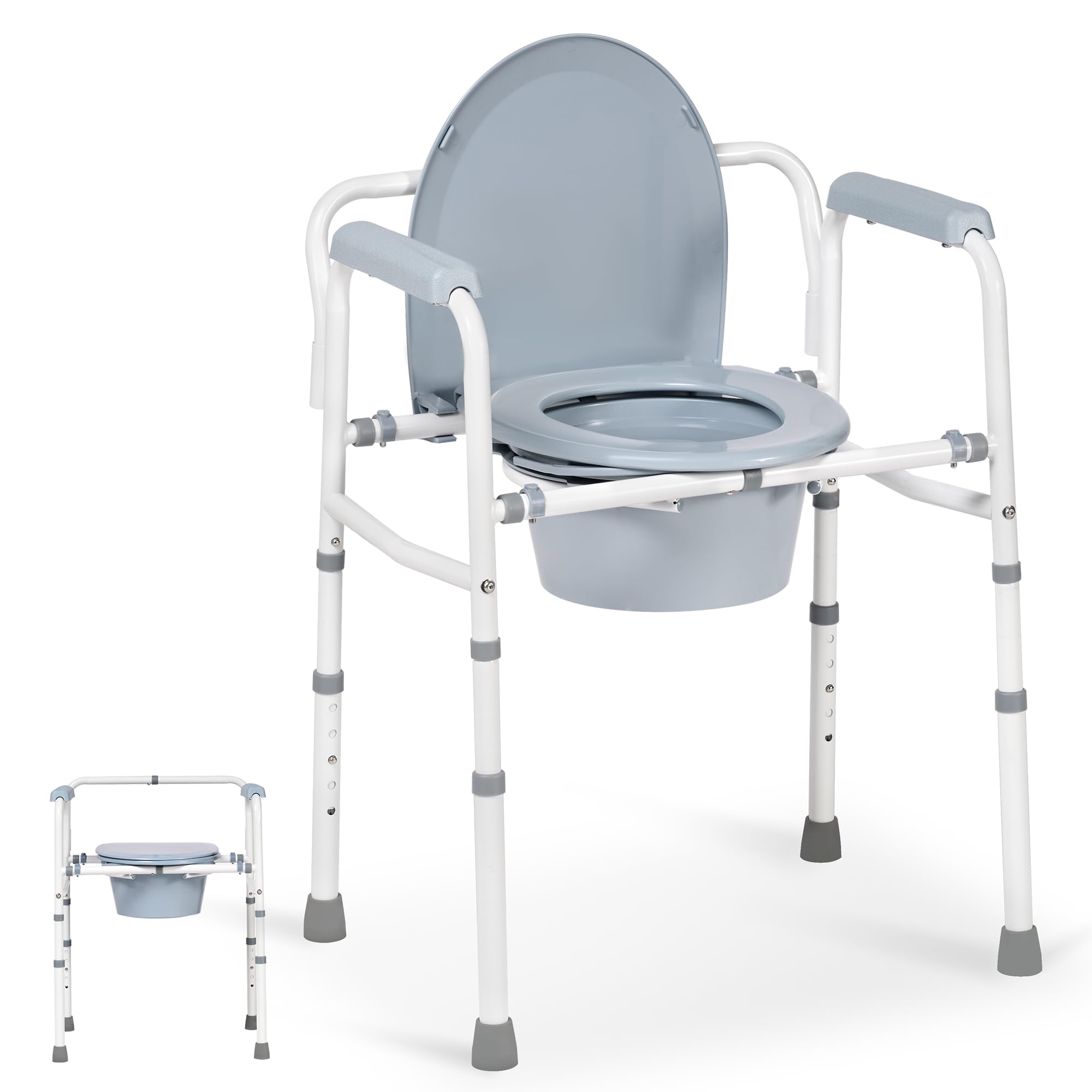 Photo 1 of Careboda Bedside Commode Chair with Bucket for Seniors, Portable Extra Wide Commode Seat for Toilet, Folding Steel Chair with 5 Adjustable Heights, 350 Pound Support Capacity, 7.5 Qt. Bucket