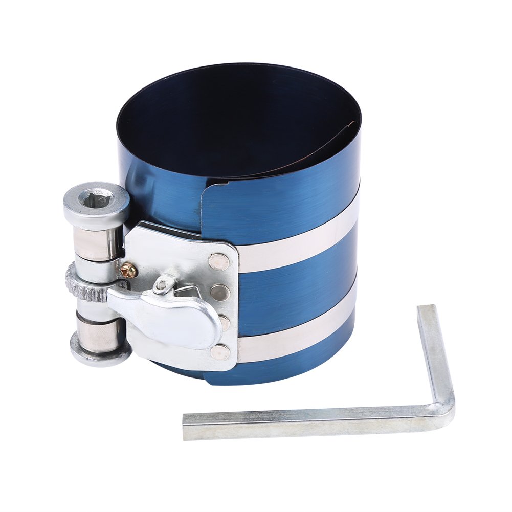 Piston Ring Compressor, 3inch Spring Steel Car Engine Piston Ring Compressor Installer Band Ratchet Tool 53mm-125mm with 4-Angel Spanner Hand Operated Tools Piston Ring Compressor