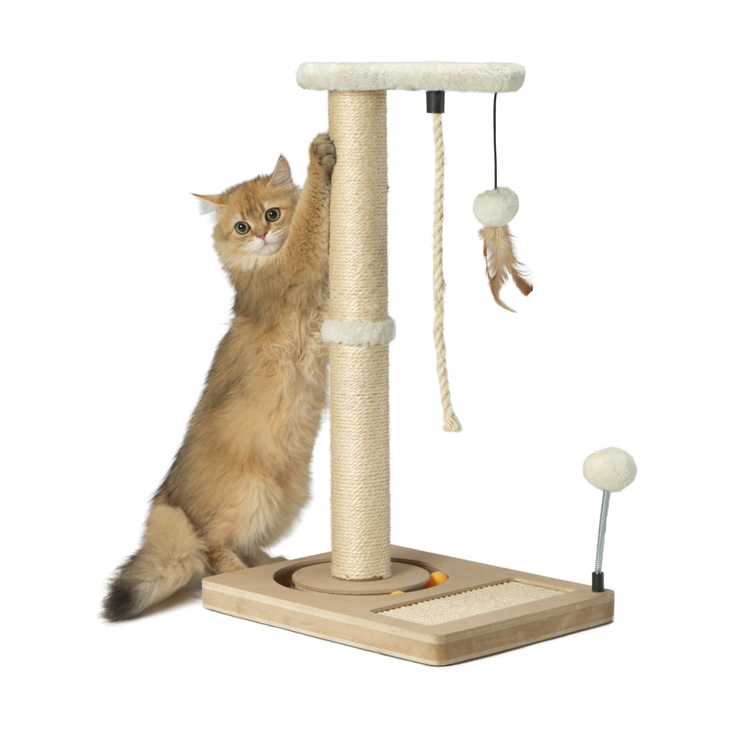 Photo 1 of PAWSFANS Cat Scratching Post,Sisal Scratch Posts with Track Ball Feather Toy for Indoor Cats and Kittens,25" Tall Beige