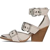 MAVMAX Strappy Heels Western Sandals for Women Chunky Heel Pumps Thick Closed Pointed Toe Heels Metal Buckle Strappy Shoes