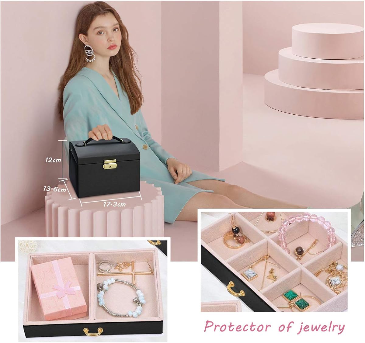 Podazz Jewelry Box for Women 3 Layers PU Leather Jewellry Organizer with Mirror and Lock, Drawer type - Image 4