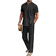 COOFANDY Men's 2 Pieces Cotton Linen Set Casual Short Sleeve Henley Shirts Beach Yoga Pants Summer Outfits