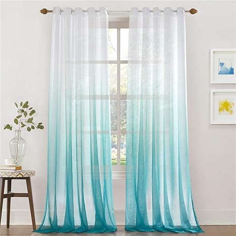 Lindong Farbverlauf Voile Vorhang Transparent Gardinen mit Ösen Dekoschal für Wohnzimmer Schlafzimmer 1er-Pack blau 140x245cm