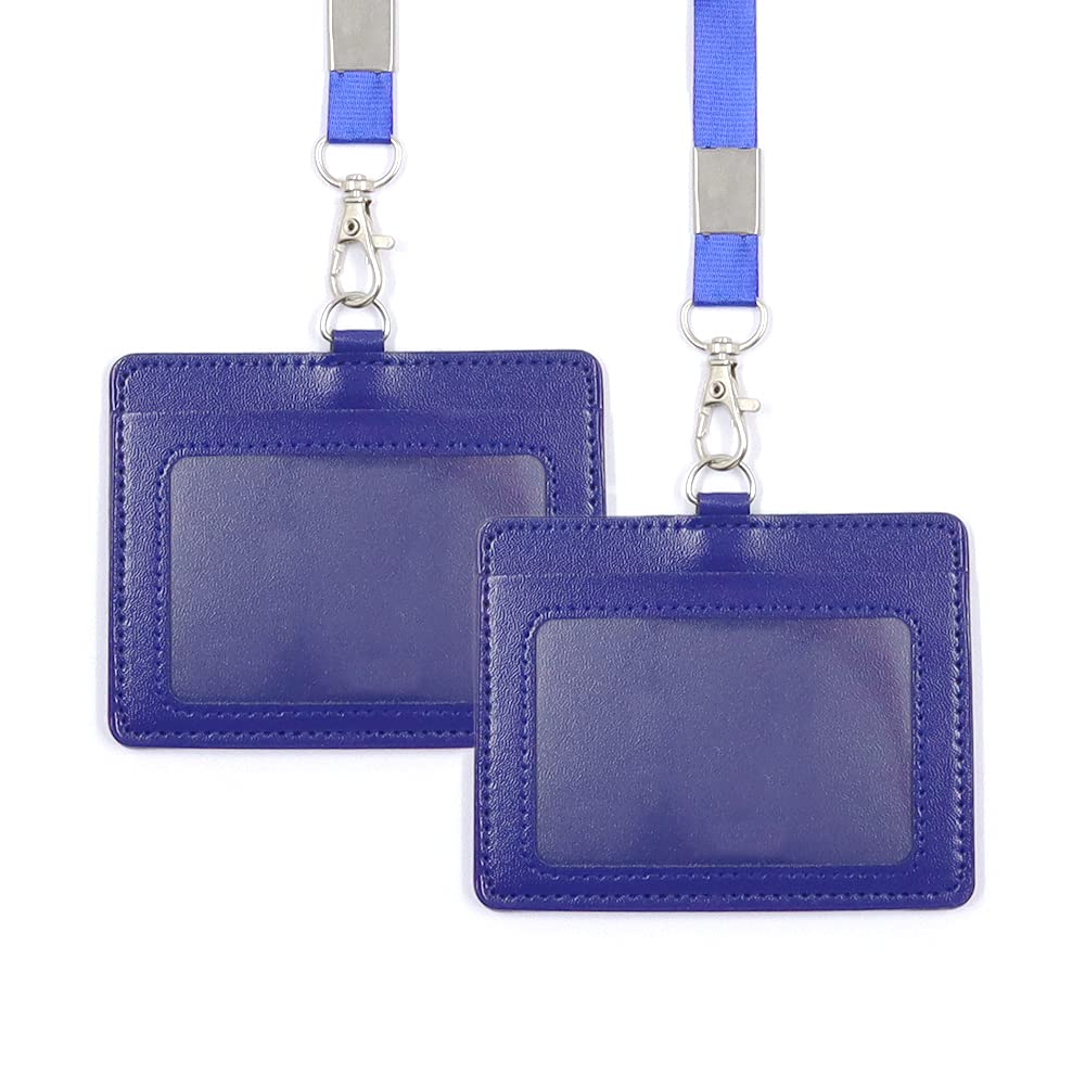 2 Piece 4.1x3.3inch Double Sided PU ID Badge Holder, ID Card Holder with Neck Strap Lanyard, Horizontal Genuine Leather ID Card, Leather Name Card Holder for School Office (Blue)