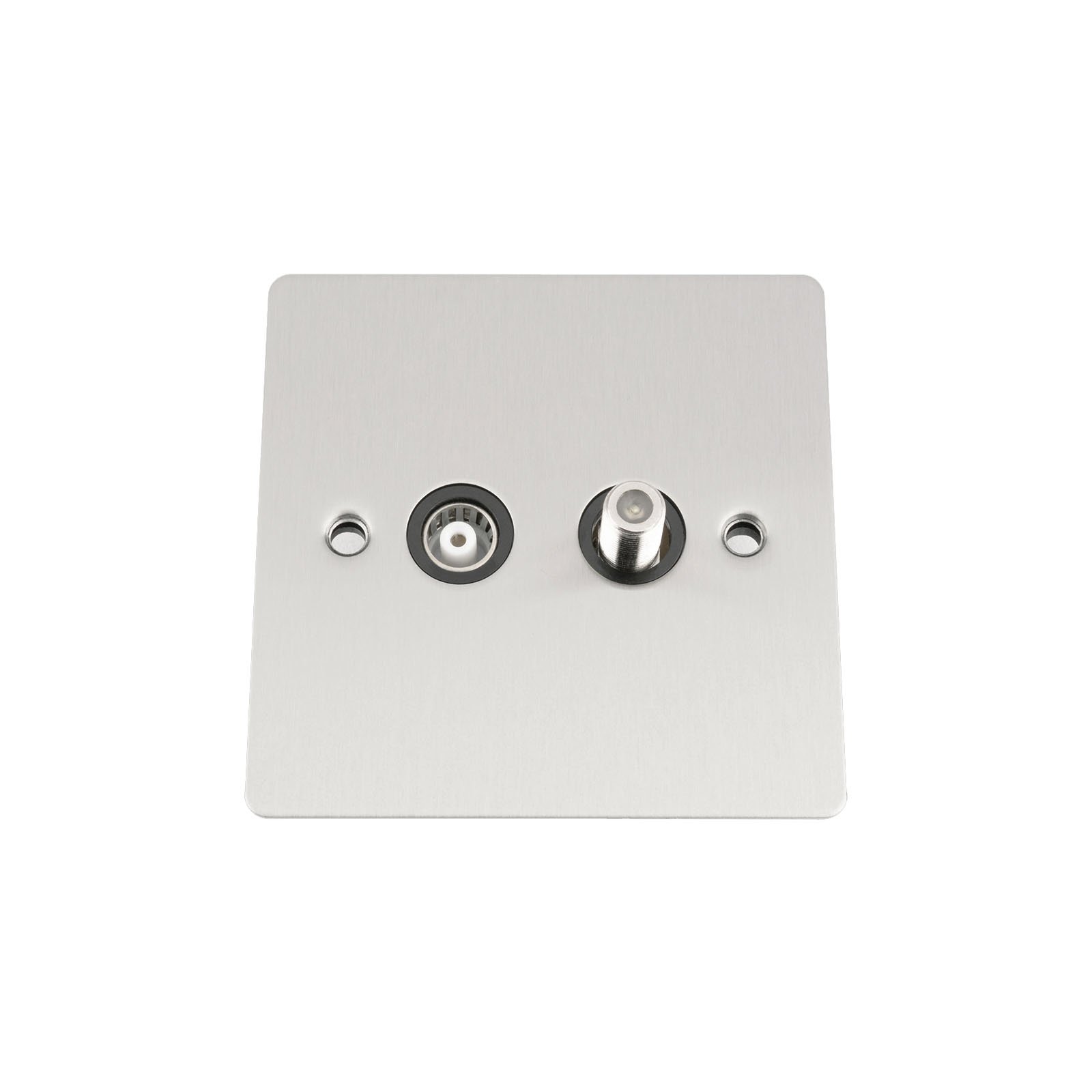 TV Aerial + Sky Satellite Wall Socket - Satin Matt Chrome Flat - Black Insert