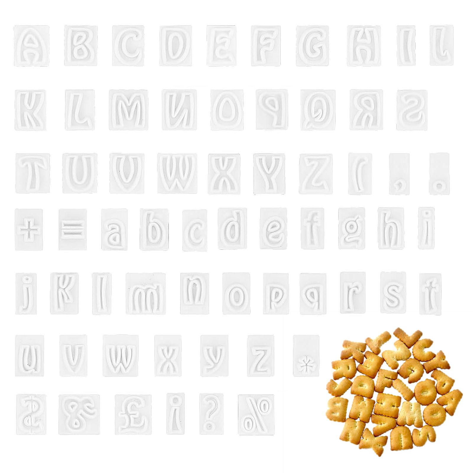 64Pcs Alphabet Cookie Cutters, Letter Cutter Moulds, Small Fondant Cookie Cutter Letters, with 12 Symbols Marks