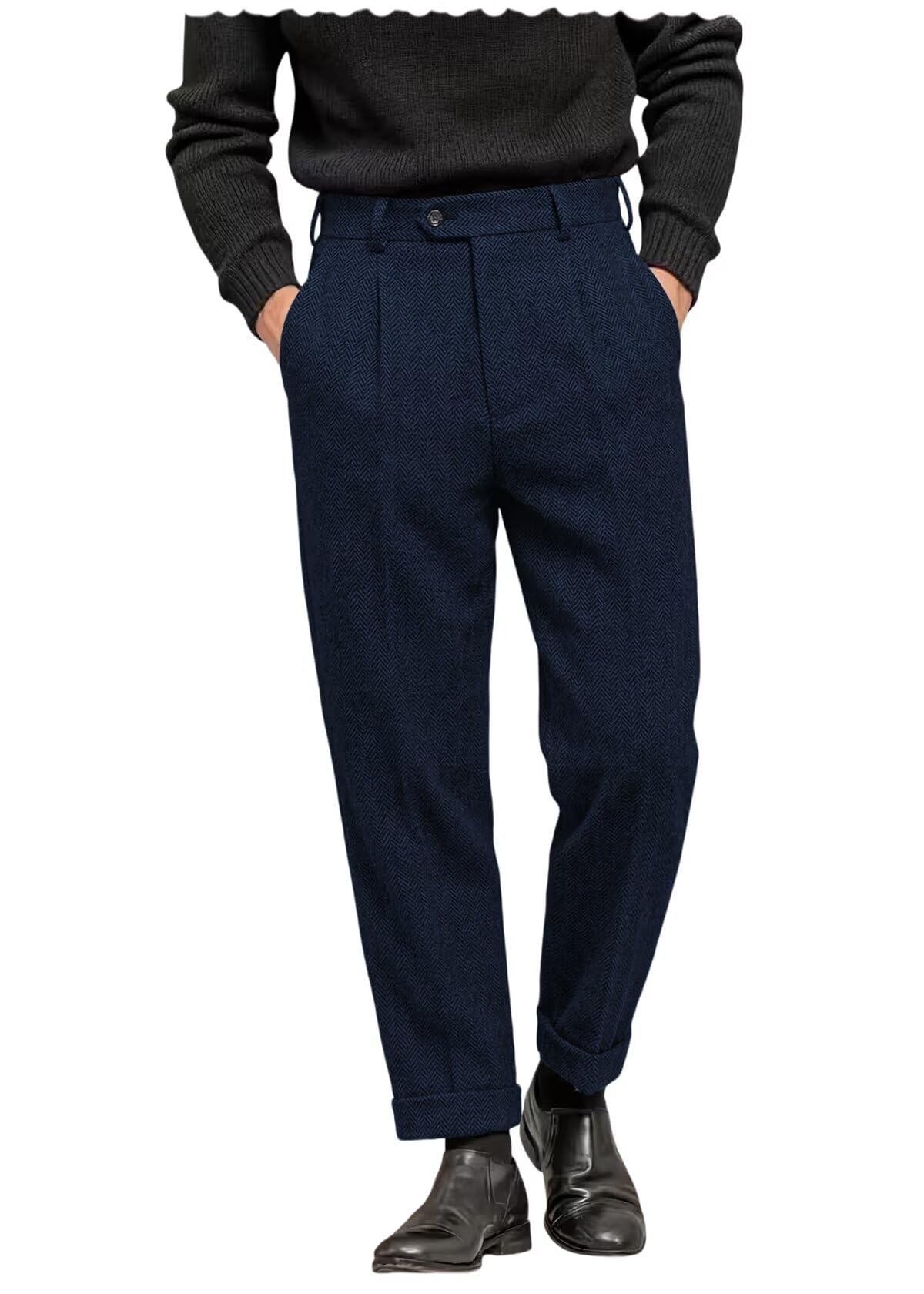 Herringbone tweed pleated trousers at th...