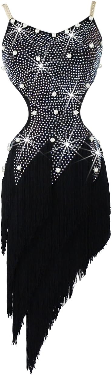 Girls Rhinestone Pearl Fringe Latin Ballroom Dance Dresses Open Back Style