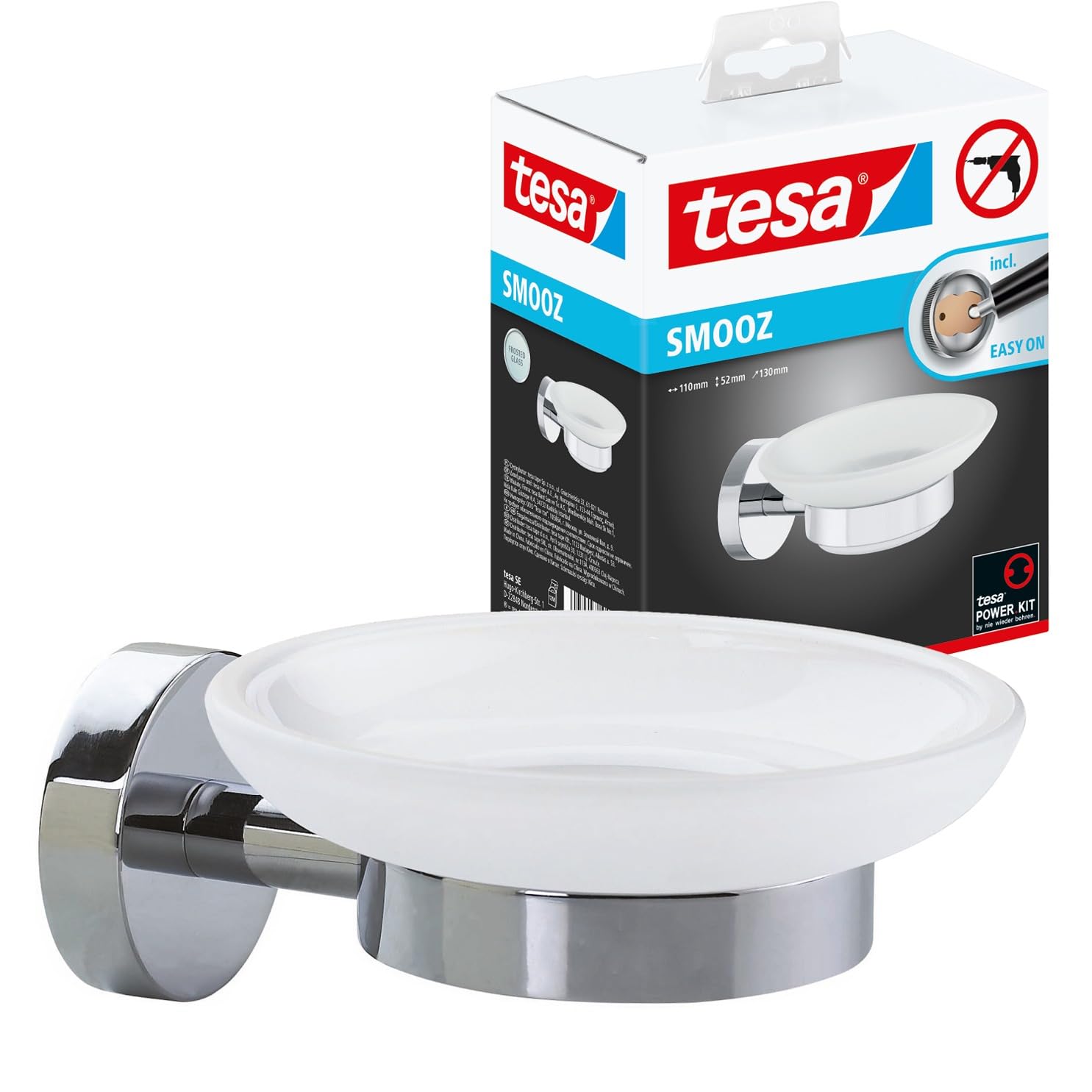 tesa® Smooz soap Holder, high Gloss Chromed Metal, self-Adhesive, Adhesive mounting Technology, 52mm x 110mm x 130mm