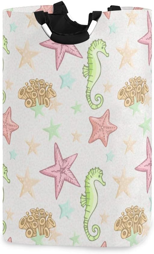 ZOMOY Laundry Baskets,Seahorse Starfish Seamless Pattern Sea Life,Collapsible Laundry Hamper Washing Basket with Handles,Suitabale for Bedrooms Laundry Room,Bathroom