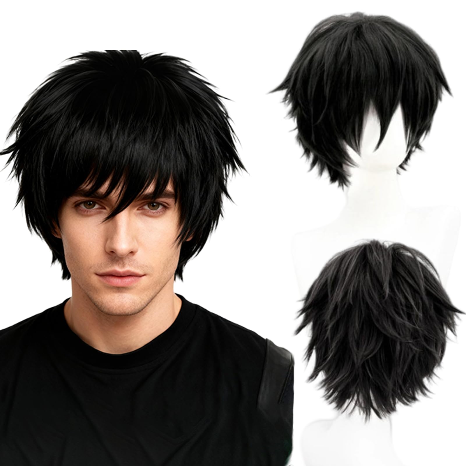Photo 1 of Pwsap Short Black Wig for Men Costume Wig with Wig Cap Men's Cosplay Synthetic Layered Hair Man Wigs for Costumes Cosplay Halloween Carnival Parties Anime