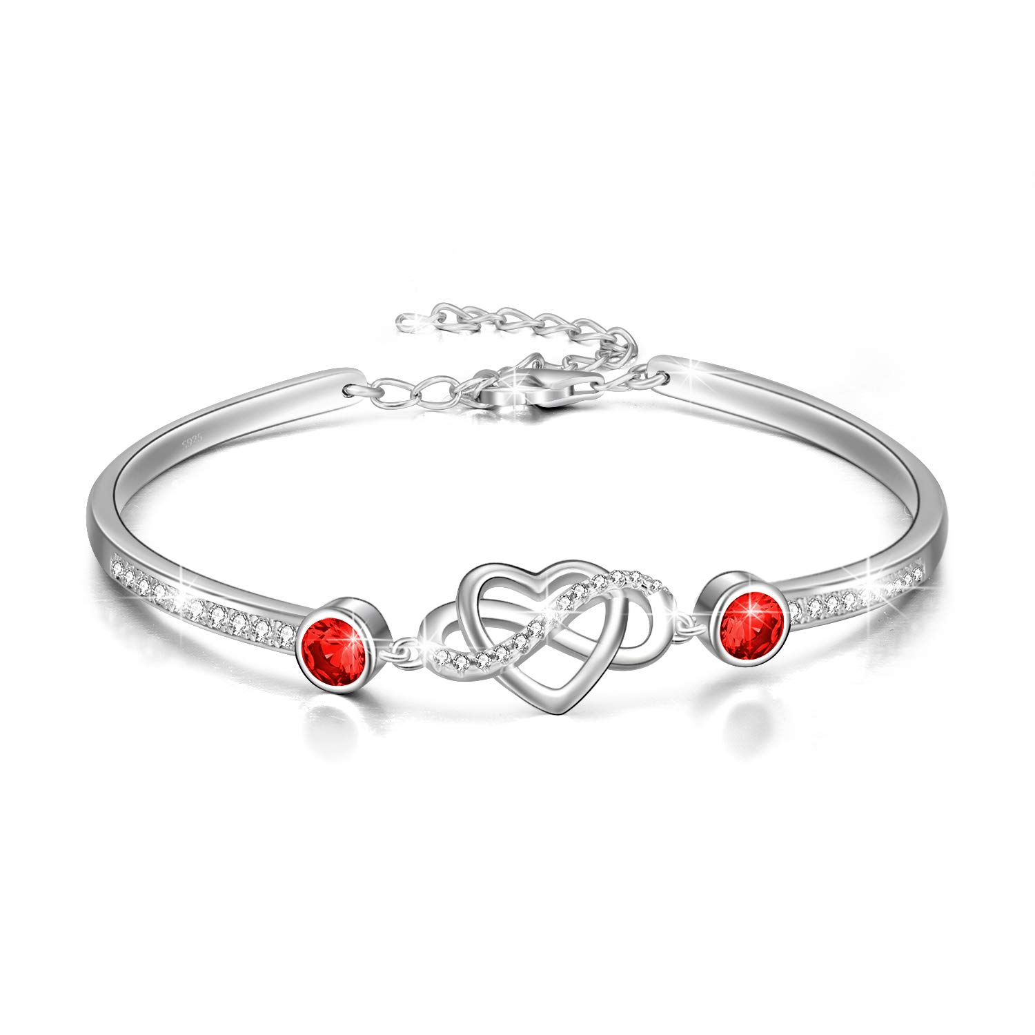 Infinity Bracelet Sterling Silver Love Heart Adjustable Bangle Bracelet with Birthstone Crystals, Friendship Wedding Anniversary Birthday Gifts for Her Women Wife Girlfriend Mum (Simulated Garnet)