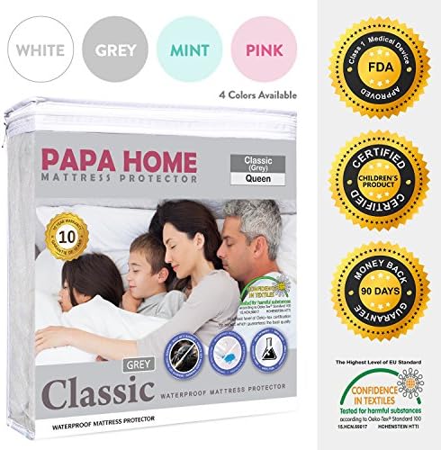 Papahome Classic Hypoallergenic Mattress Protector - Lab Tested Waterproof - Fitted Polyester Jersey Cover - Vinyl Free - 4 Different Colors Available (King, Grey)