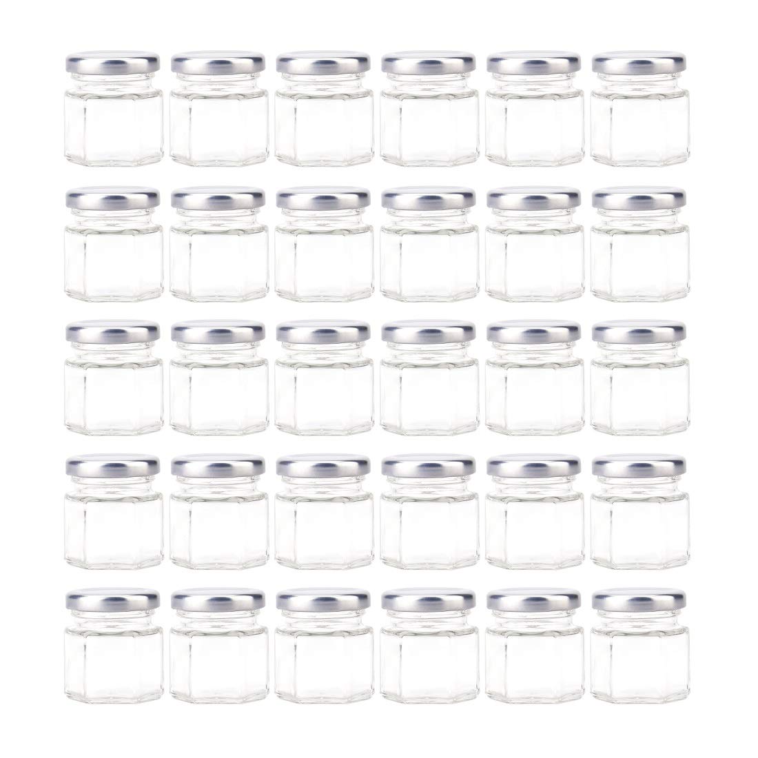 Tebery 30 Pack 1.5oz Mini Hexagon Glass Jars with Silver Plastisol Lined Lids for Spices, Honey, Canning, Gifts and Crafts, 45 ml