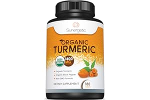 Sunergetic USDA Certified Organic Turmeric Supplement – Includes Organic Turmeric & Organic Black Pepper – 1,400mg of Turmeric per Serving - 180 Count (Pack of 1)