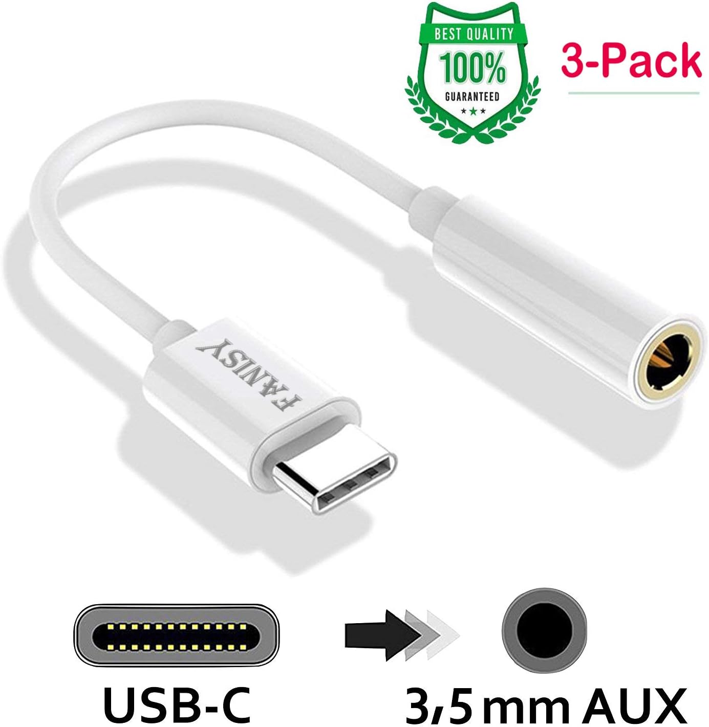 USB C to Headphone Adapter, FANISY USB Type C to 3.5mm Female Aux Audio Adapter Microphone Connector Cable for Huawei P20 Pro, Moto Z, Xiaomi 8, Le Pro 3 and more. (White 3-Pack)