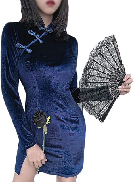 Amazon Co Jp ゴスロリ風 ベロアワンピース セクシー魔女ドレス ベルベットチャイナドレス ミニワンピース ミニスカ エロかわいい 長袖紺色 ｍサイズ ホビー