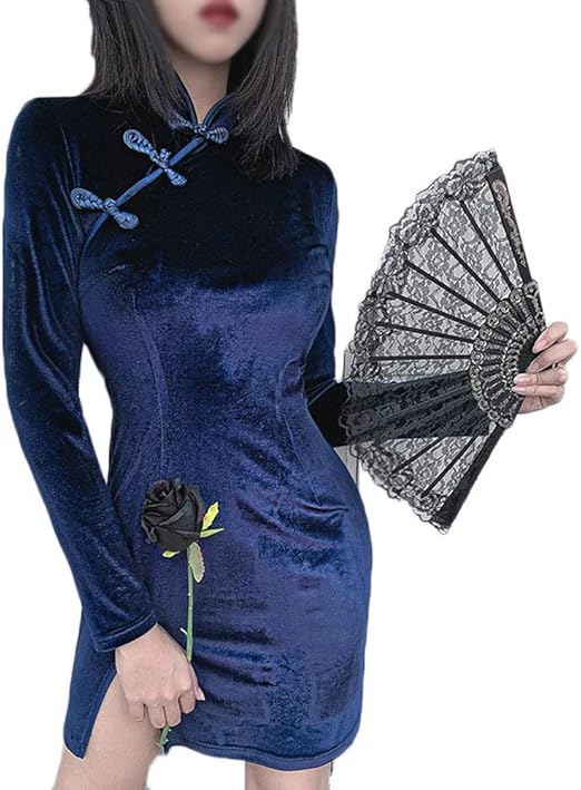 Amazon Co Jp ゴスロリ風 ベロアワンピース セクシー魔女ドレス ベルベットチャイナドレス ミニワンピース ミニスカ エロかわいい 長袖紺色 sサイズ ホビー