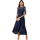 VCCICANY Tea Length Mother of The Bride Dresses for Women Lace Appliques Chiffon Long Formal Evening Gown with Sleeves