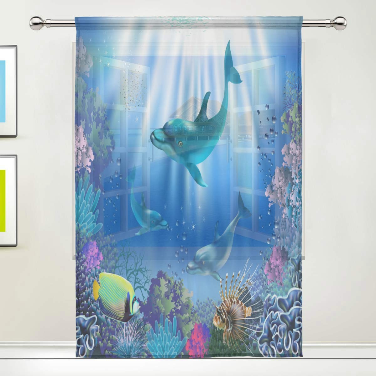 ISAOA Cute Dolphin Fish in Seaworld Tulle Sheer Curtain Window Curtain Decor for Children Bedroom Living Room,Single panel,52 x 84 Inches
