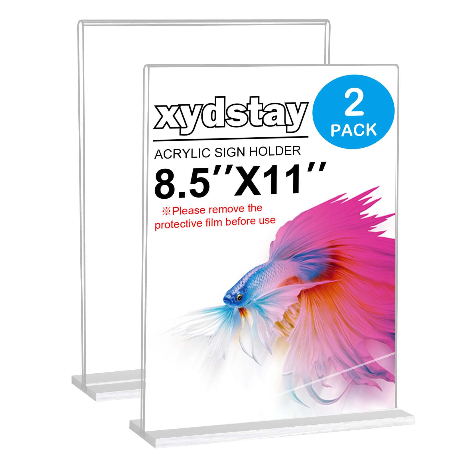 Photo 1 of xydstay 8.5 x 11 Acrylic Sign Holder 2 Pack, Vertical T Shape Clear Plastic Menu Holder, Unbreakable Table Sign Holder for Restaurant, Office, School, Store and Home Use