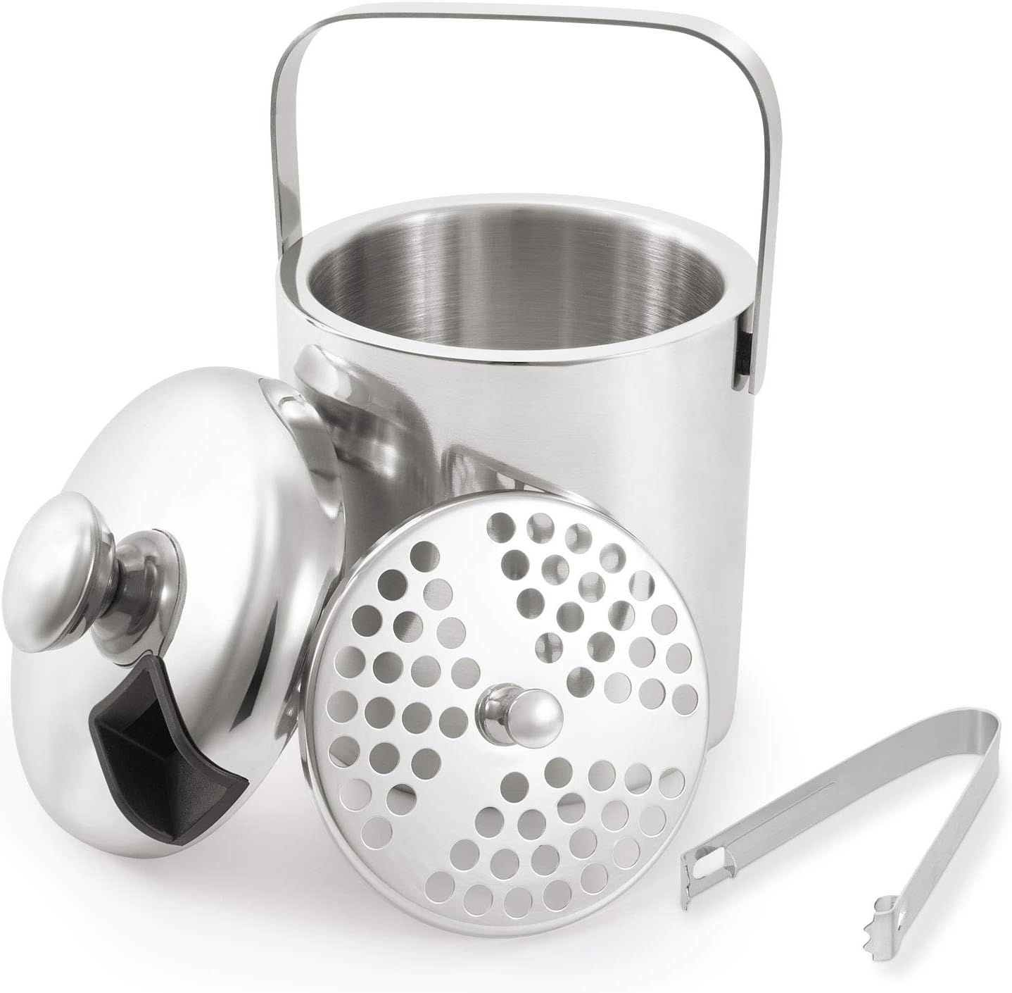 LONCWO Eiskübel mit Deckel und Zange, Edelstahl-Doppelwand-Eiseimer, 1,3 Liter Eisbehälter, Silber