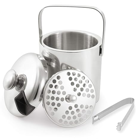 LONCWO Eiskübel mit Deckel und Zange, Edelstahl-Doppelwand-Eiseimer, 1,3 Liter Eisbehälter, Silber