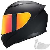 JQF Gear Full Face Helmet Black Motorcycle Motorbike Street Bike Racing Helmets for Adults WS-607 DOT Approved (with Chrome Red, M)