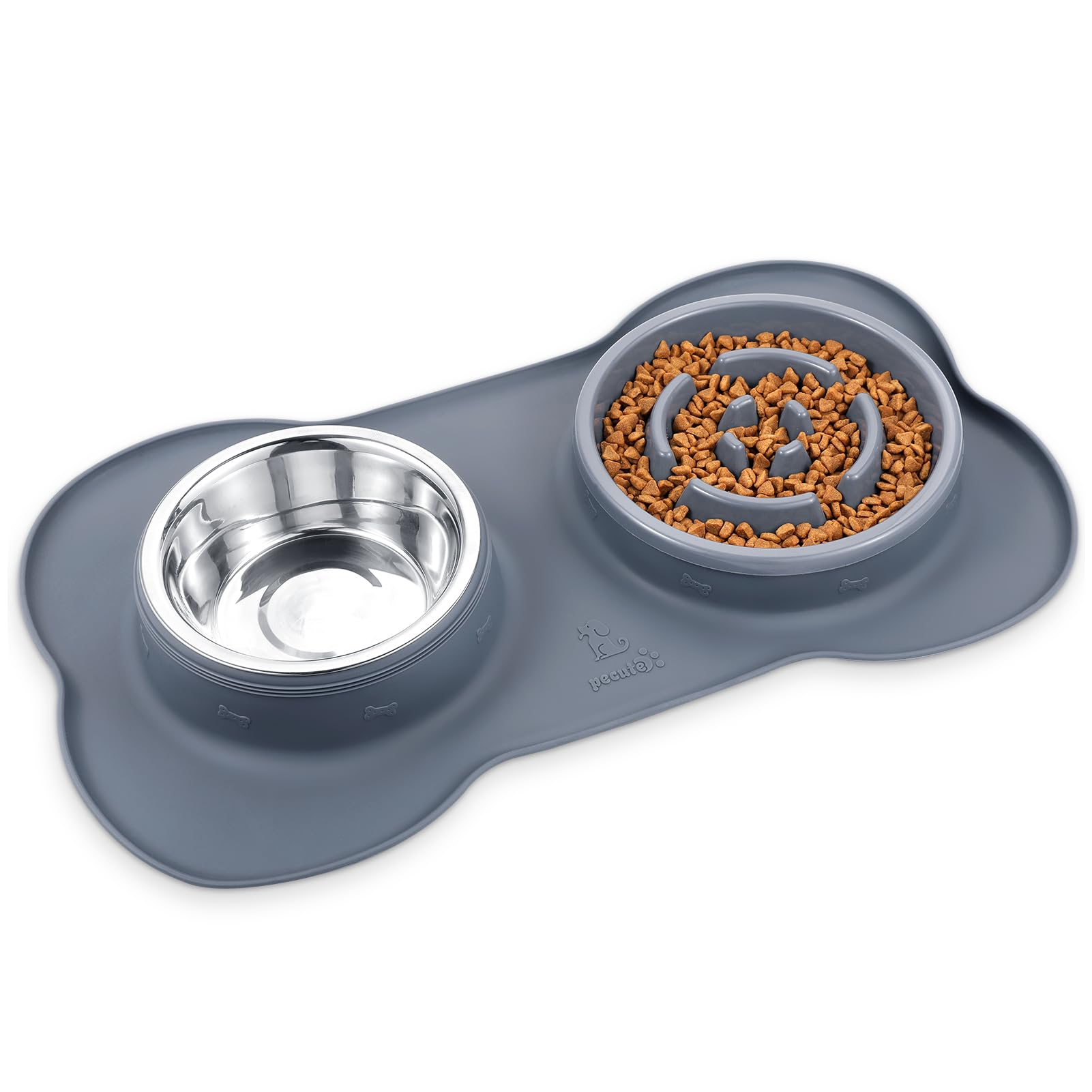 Pecute 3 in 1 Slow Eating Dog Bowls with Non Slip Mat - Safe Silicone Interactive Fun Slow Feeders for Dogs - Stainless Steel Bowls Non Spill Mats Tray - Great for Dogs Cats Slow Feeding(L, Grey)