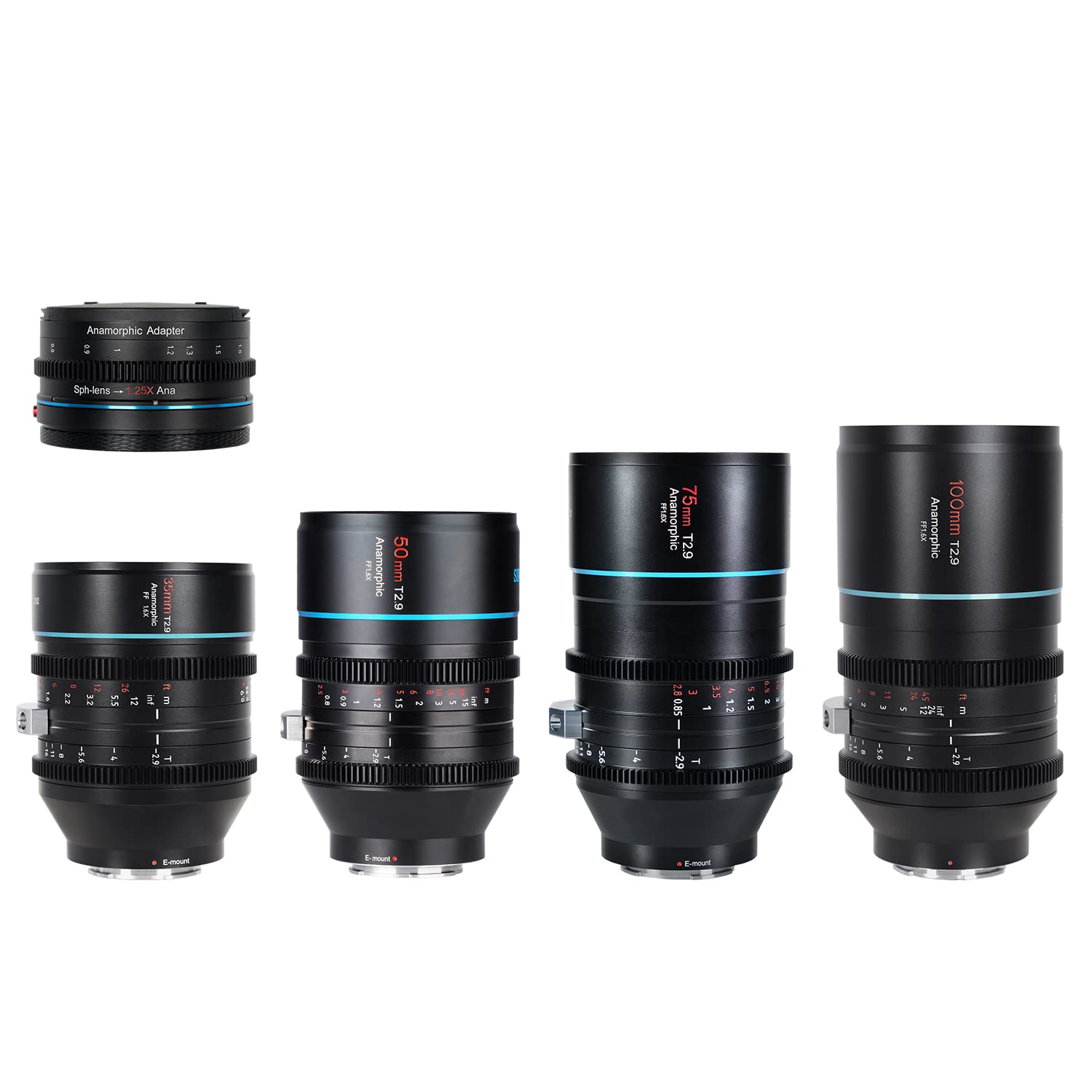 SIRUI T2.9 1.6X Full-Frame E-Mount Anamorphic Lens Set with 1.25x Anamorphic Adapter (35mm,50mm,75mm,100mm)