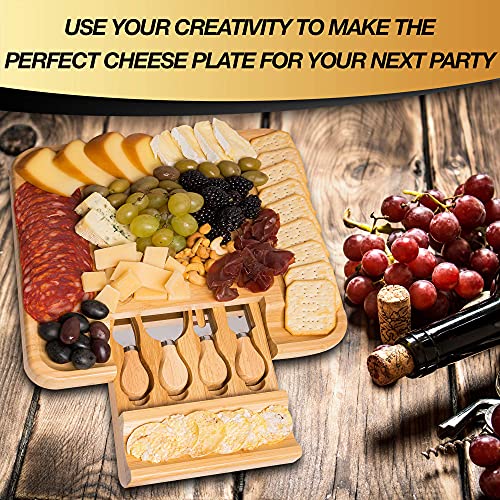 Bamboo Cheese Board and Knife Set Charcuterie Boards with Cutlery Set 4 Stainless Steel