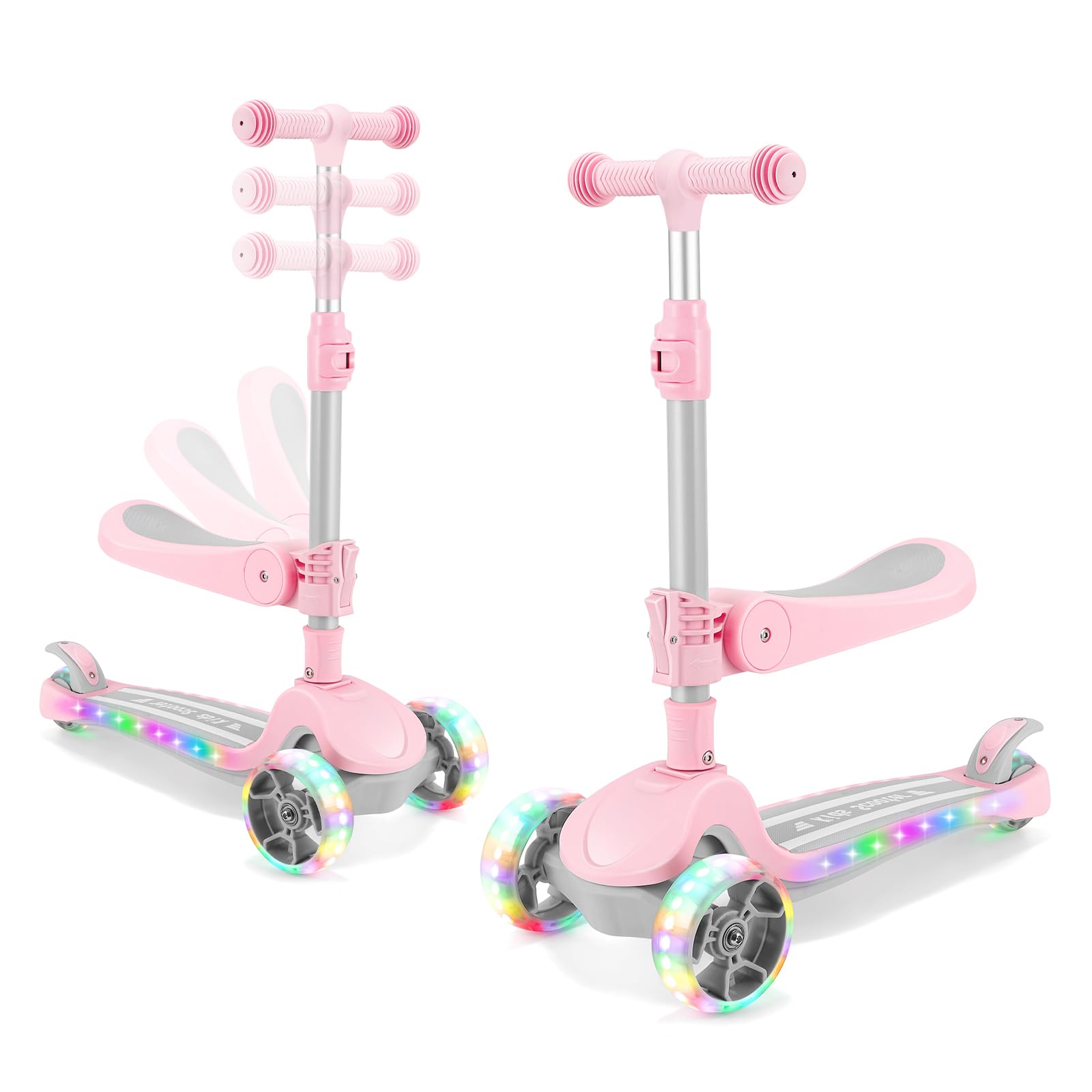 AODI 2 in 1 Scooter for Kids, 3 Wheel Toddler Scooter with Flip-able Seat, Easy Folding, Flashing Lights, Adjustable Height, Lean to Steer, Kick Scooter for Boys & Girls Ages 2-10