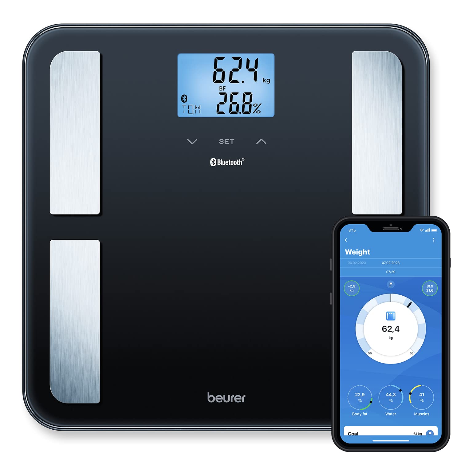 Beurer BF850 Luxury Body Analysis Bathroom Scale with Bluetooth Connected Health Manager Pro App for Personal Body Data Analysis, Black