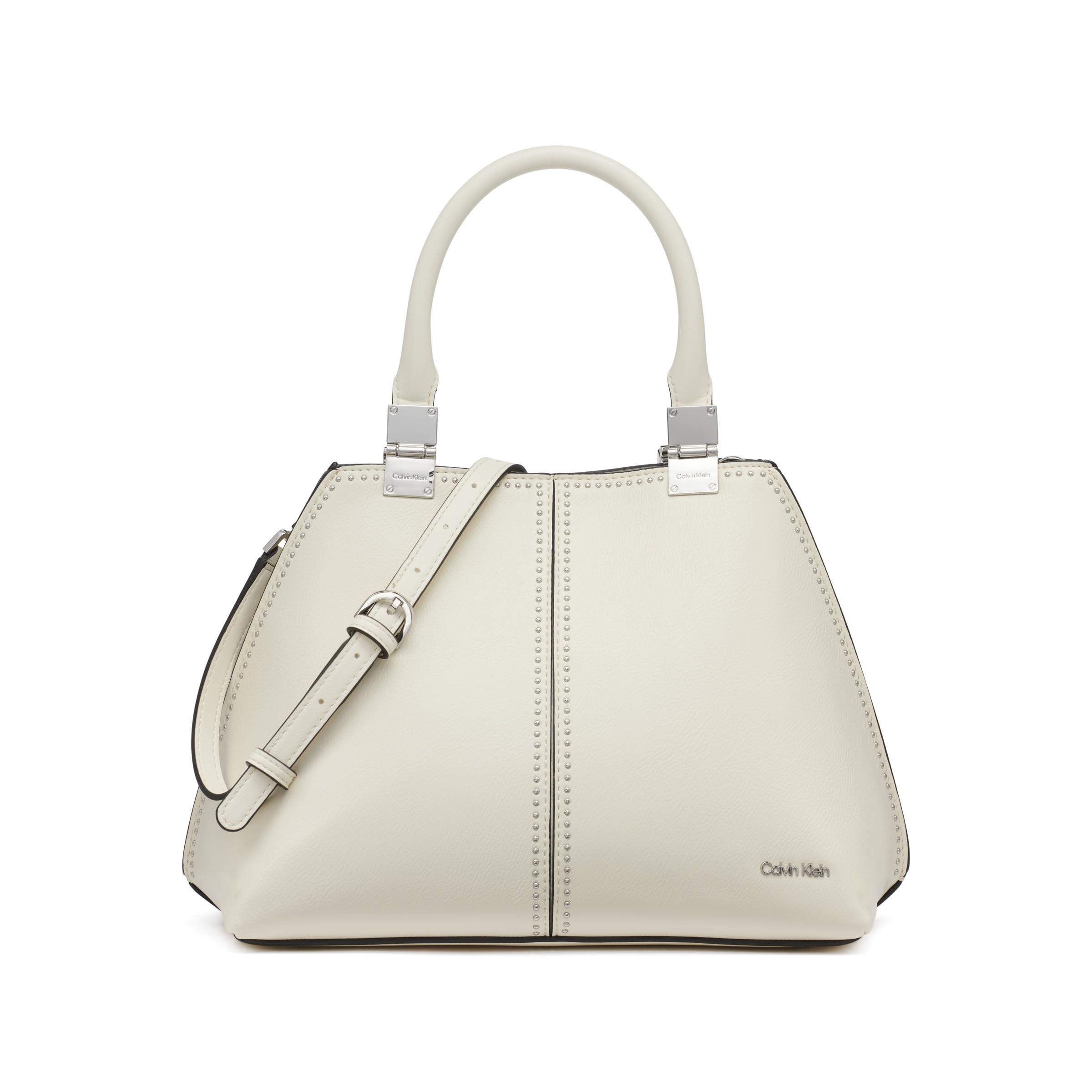 Calvin Klein Women’s Granite Geometric Satchel – 2 in 1, Cherub White Micro Stud, One Size