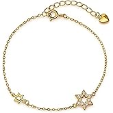 LOVECOM 14K Gold Plated Jewish Star of David Bracelet for Women 925 Sterling Silver Stars Cubic Zirconia Link Charm Chain Bracelet Jewish Jewelry Birthday Gifts for Friend Daughter Mom