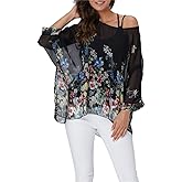 Nicetage Boho Top Sheer Dressy Blouse Chiffon Blouses for Women Sheer Poncho Flowy Batwing Tops Cruise Wear