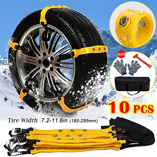 Snow Chains 10 Pcs Anti Slip Tire Chains Adjustable Security Emergency Car Tire Chains Fit for Most Car SUV Truck Vans, 185-295mm/7.2-11.6''