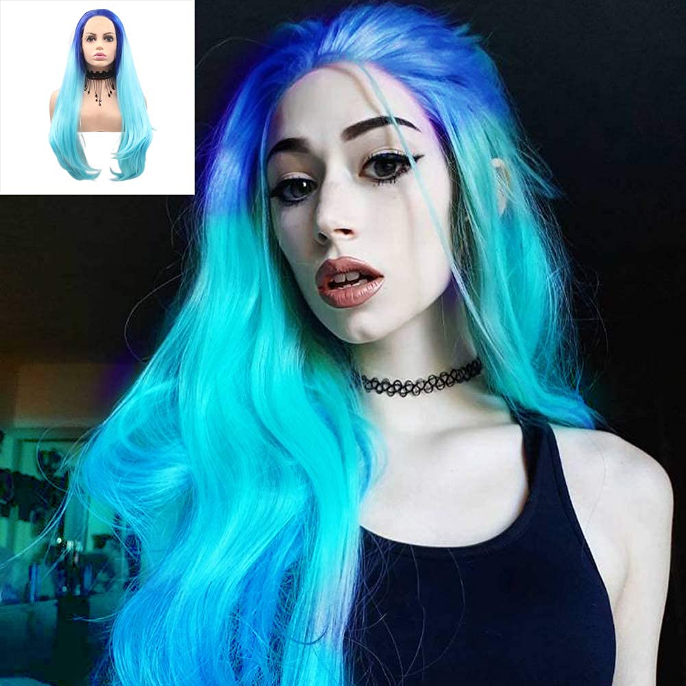 Blue Ombre Wig Realistic Lace Front Wigs for Women Mixed Colorful Long Nature Wavy Synthetic Wig with Baby Hair Glueless Cheap Wig Heat Resistant Fiber Hair Drag Queen Costume Make Up 24inch