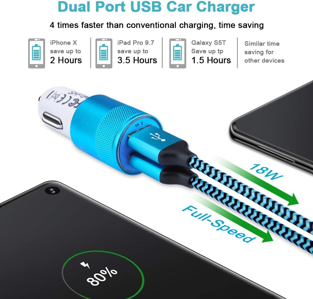 Dual USB Car Charger Wall Plug Charger Box 2Pack 6ft Type C Cable Fast