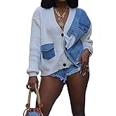 Vaceky Womens Denim Overlay Cardigan Sweaters Chunky Knit Button Down Cardigans